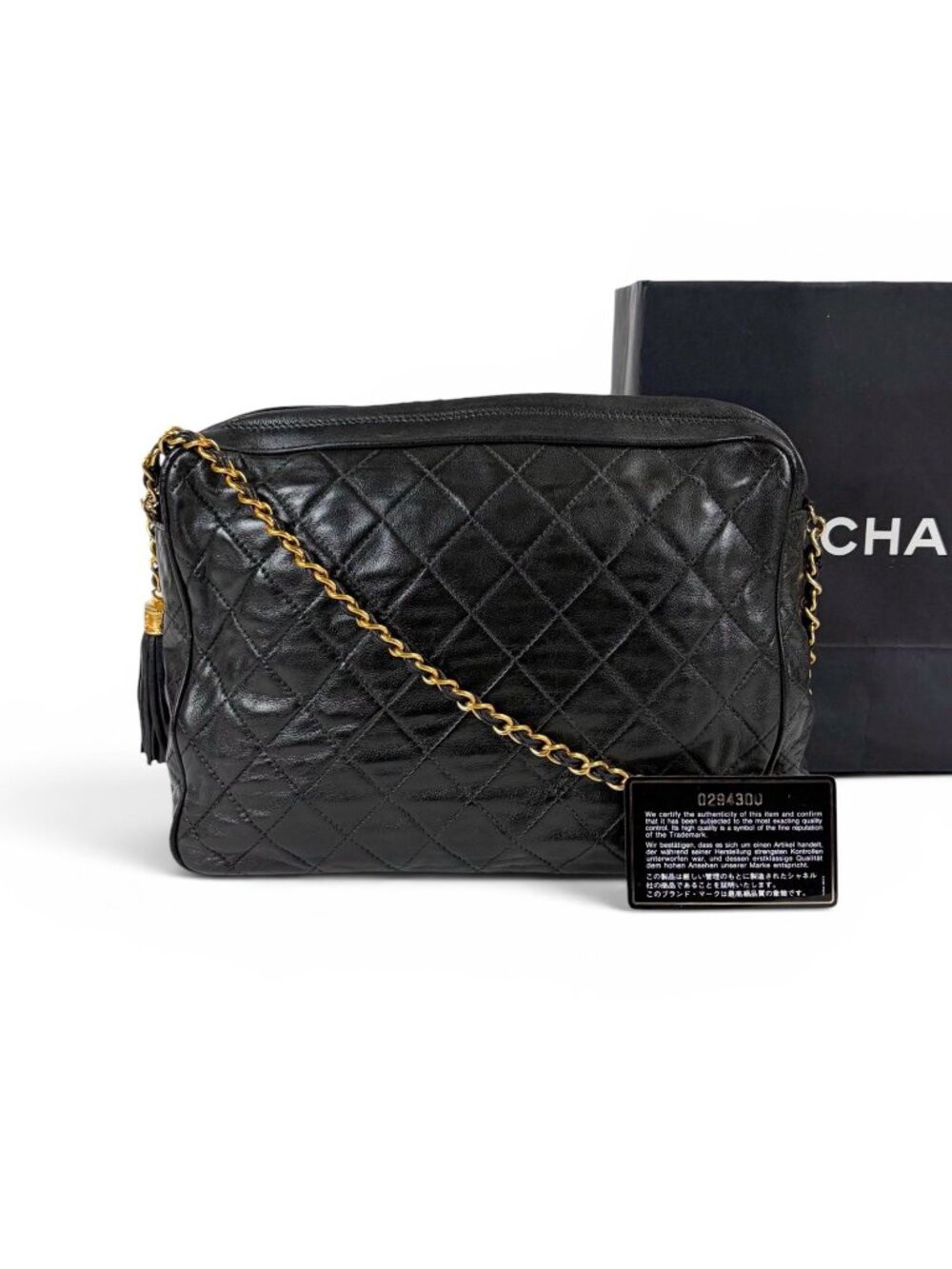 Chanel Quilted Chain Shoulder Bag Tassel Charm Fringe Black Lambskin